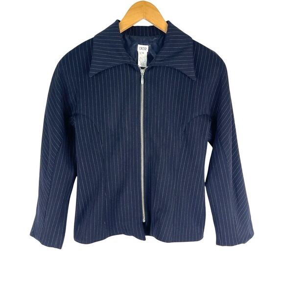Vintage Y2K Cache Navy Pinstripe Zipper Stretchy Jacket Pointed Collar Women's 4 - Picture 1 of 9
